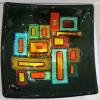 GEOMETRIC EXTROVERT # 106:
Fused and slumped black sushi dish with dichroic onlay.  Bright and shiny. Meaures 7 inches square. $175 SOLD