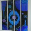 Four piece fused glass wall  art with dichroic onlay.  Wall mounted via stand off bracket system that is easy to install.  Each piece measures 35 x 7 inches. From left to right, pieces are named Firestick #153, #154, #155, and #152.  Contact me for pricing.  May be sold individually. SOLD